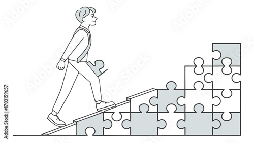 Line Art Man Ascending Puzzle Piece Stairs with Missing Piece in Hand
