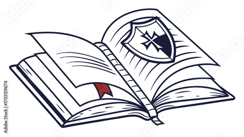 Open Book with Shield Emblem and Red Bookmark Stylized Illustration
