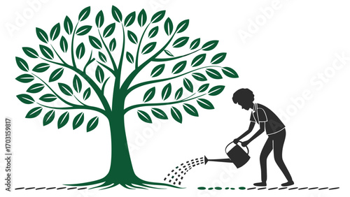 Silhouette of a Person Watering a Lush Green Tree with Oval Shaped Leaves