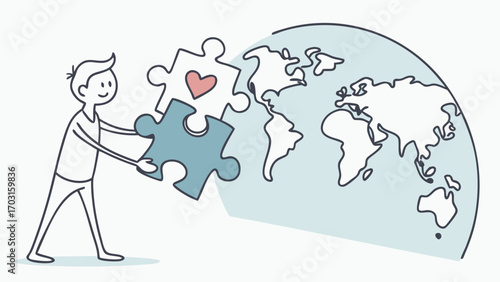 Stick Figure Connecting Puzzle Pieces to a World Map with Heart Detail