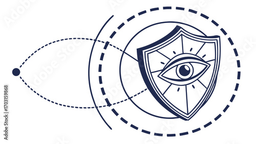 Stylized Eye Inside Shield with Dotted Orbitals and Connection Point