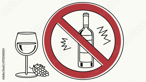 Stylized No Alcohol Sign with Wine Bottle Glass and Grapes Illustration