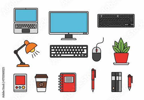 Office supplies featuring a laptop and plant, perfect for professional presentations, business articles, office dcor exhibitions, and workrelated designs.