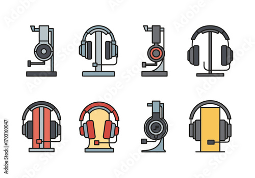 Eight colored gaming headsets on stands  vibrant image for gaming blogs, tech reviews, or product promotions on ecommerce platforms.