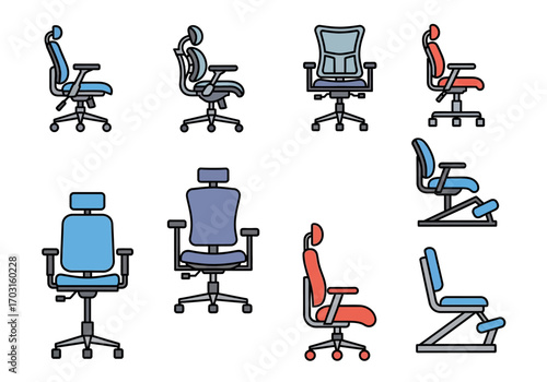 Eight office chairs in different colors and styles suitable for interior design concepts, office furniture catalogs, and businessrelated presentations.