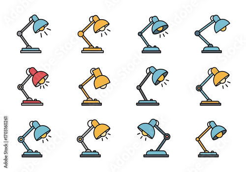 Adjustable desk lamps in various bright colors perfect for modern office, home office, interior design, workspace, study room concepts.