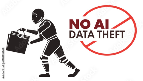Stylized Robot Figure Carrying a Box with No AI Data Theft Symbol