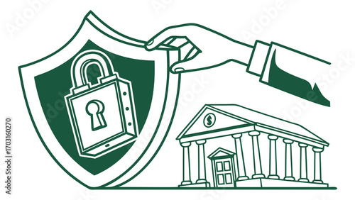 Stylized Security Shield with Padlock Hand and Bank Building Illustration
