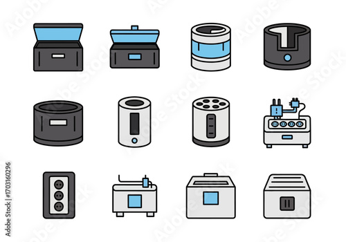 Minimalist icon set of small household appliances. Suitable for web design, brochures, and social media graphics. Appliances include toaster, blender, and coffee maker.