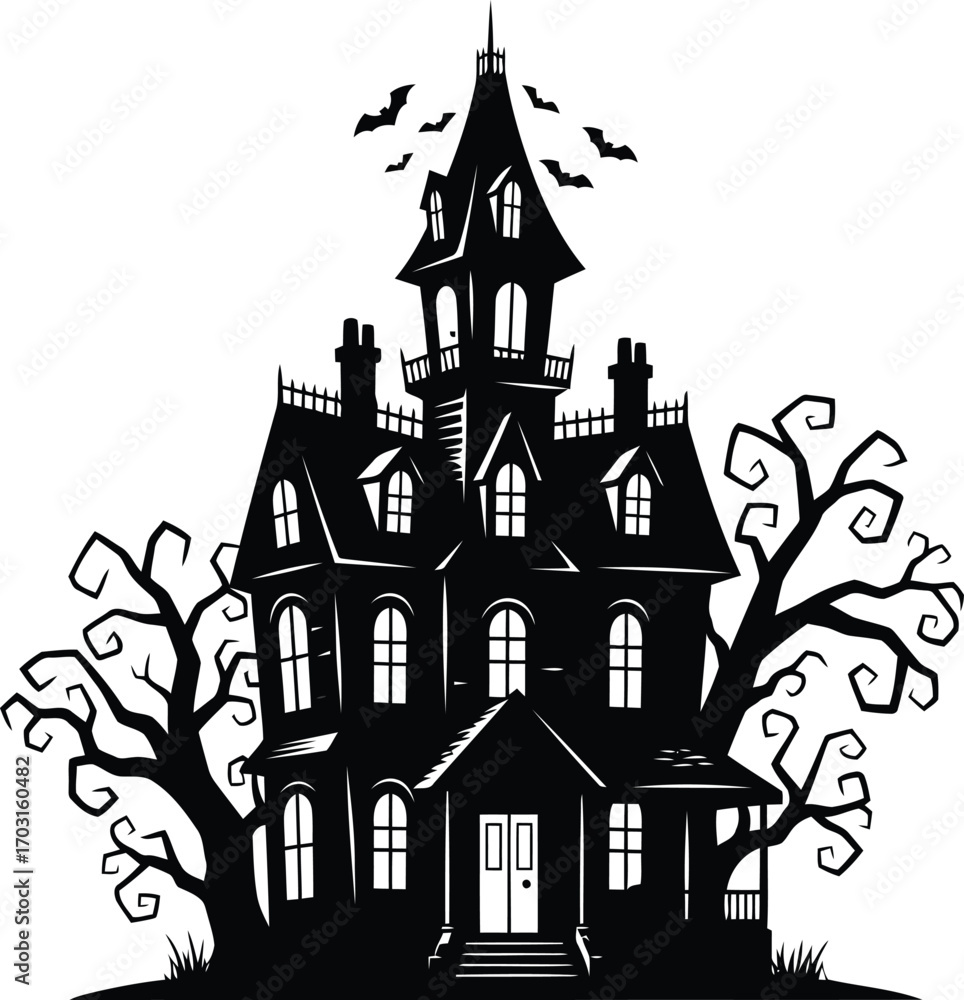 Obraz premium Spooky haunted mansion silhouette with bare trees and bats at night vector art vector