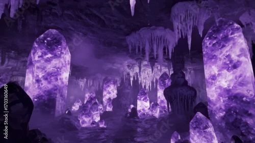 Subterranean crystal cave with pulsing amethyst pillars