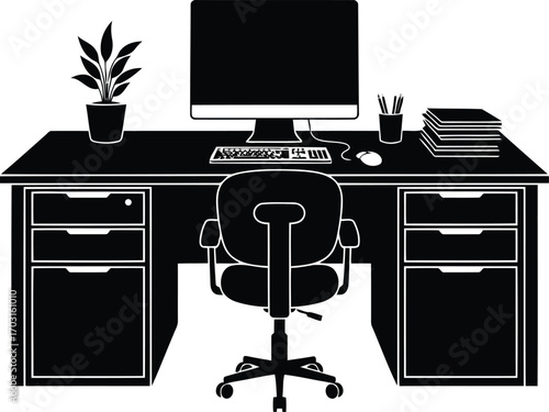 Modern home office desk setup with computer plant and chair silhouette vector illustration vector