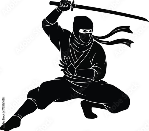 Dynamic silhouette ninja warrior with katana sword in action pose stealthy assassin vector