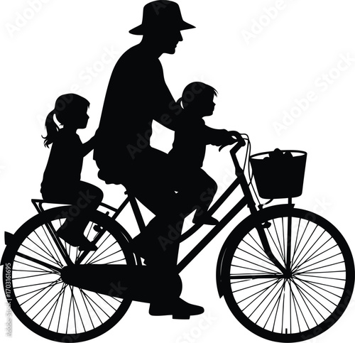 Father riding bicycle with two children in front and back happy family outdoor activity silhouette vector