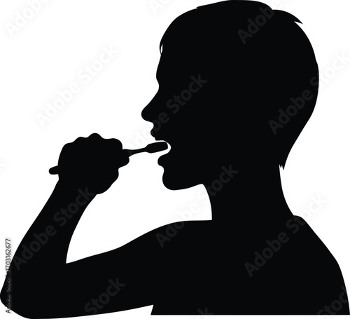 Silhouette of a young child brushing teeth with a toothbrush morning hygiene routine healthy smile dental care concept vector