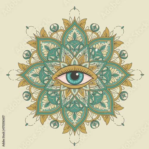 Sacred geometry concept featuring a mystic all-seeing eye at the heart of an intricate floral and geometric mandala structure