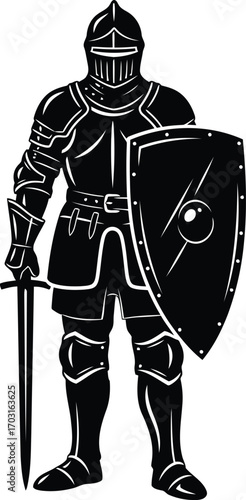 Medieval knight warrior in full plate armor holding sword and shield silhouette vector