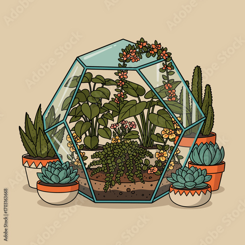 A delightful vintage retro geometric terrarium illustration filled with an assortment of vibrant potted succulents and flowering plants, capturing a charming botanical scene