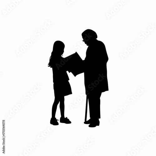 Silhouette of granddaughter helping grandmother read newspaper