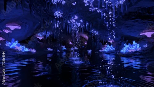 Bioluminescent cave with dripping stalactites and glowing spores