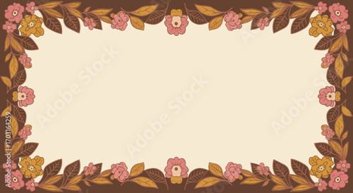 Elegant vintage floral frame with a warm retro seventies color palette, perfect for invitations, banners, and decorative backgrounds