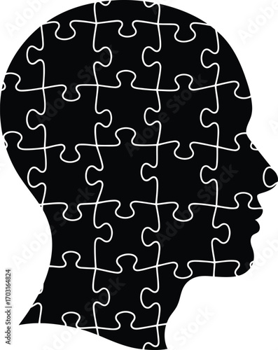 Human head silhouette formed by puzzle pieces illustrating complex thoughts and problem solving concepts vector