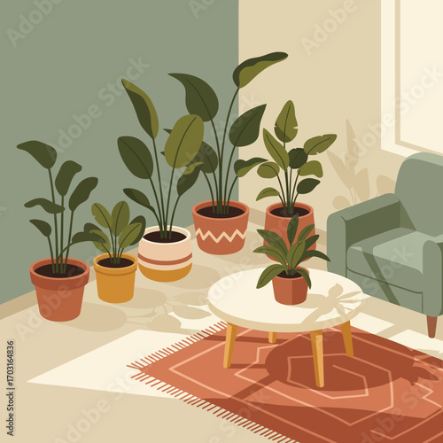Vintage Retro Home A Cozy Interior Scene with Plants and Mid-Century Modern Furniture