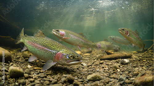 trout. A rainbow trout gliding through a clear mountain stream, captured from an underwater perspective. wildlife magazines, conservation campaigns, designed for wildlife conservation campaigns.