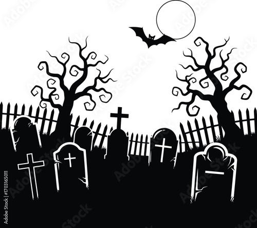 Spooky halloween cemetery scene with bare trees bat and full moon silhouette vector