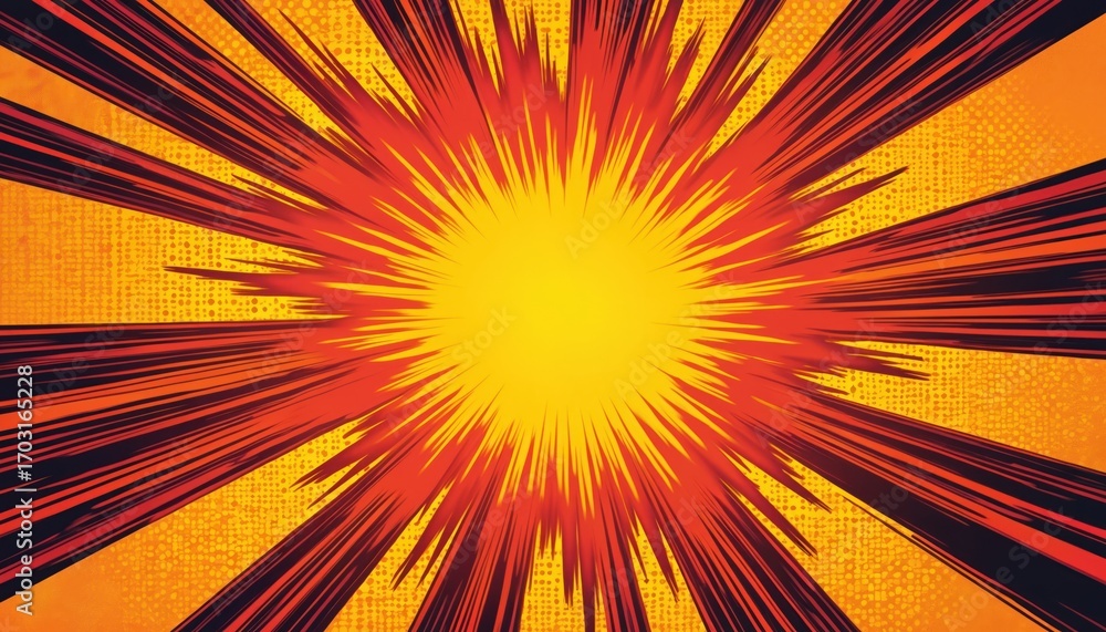 Fototapeta premium Abstract pop art illustration explosion with bright yellow center radiating red orange stripes, dark lines against textured orange background. Dynamic burst pattern suggests motion, celebration