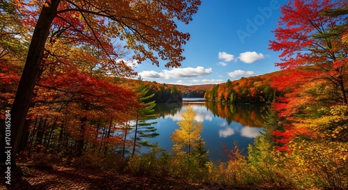 A serene autumn landscape showcases a tranquil lake surrounded by vibrant foliage, reflecting a beautiful sky filled with fluffy clouds.