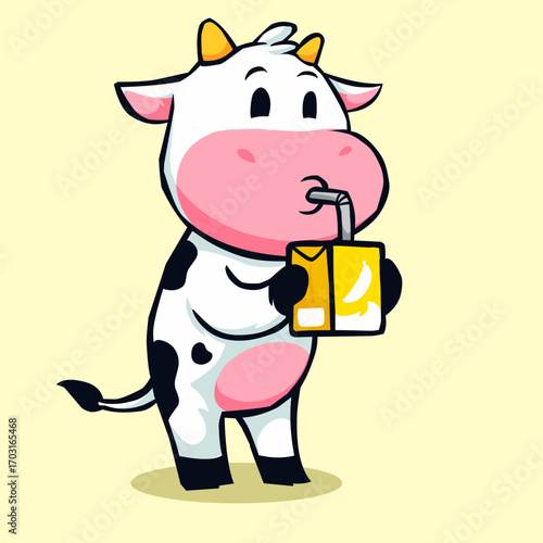 A cute and friendly vector illustration of a cartoon cow happily drinking from a small milk carton through a straw. The vibrant colors and charming style make this image perfect for children's designs