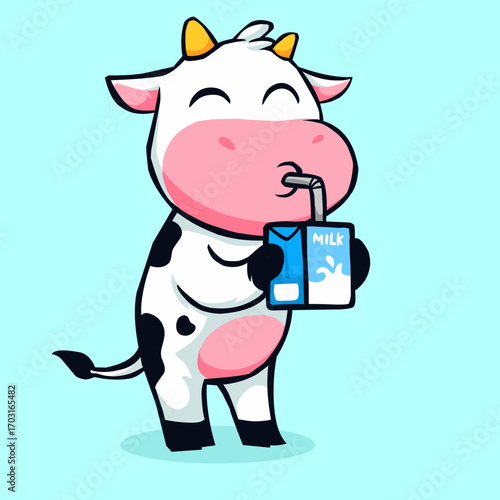 A cute and friendly vector illustration of a cartoon cow happily drinking from a milk carton with a straw