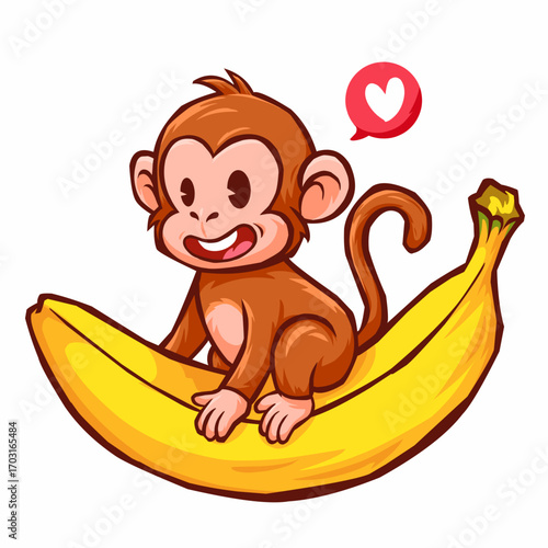 A cute and charming vector illustration of a happy cartoon monkey sitting on a giant banana, with a heart icon floating above its head. This image is perfect for children's books,