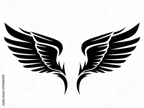 An intricate and elegant vector illustration of a pair of detailed black wings. This stylized graphic is perfect for a wide range of designs, from logos and tattoos to apparel and digital artwork