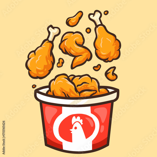 Vector illustration of a bucket of assorted fried chicken pieces, with some pieces floating dynamically above. This image is perfect for fast food menus, restaurant ads