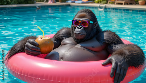 Relaxing funny gorilla floats in swimming pool with coconut drink, wearing sunglasses and enjoying a tropical vacation with a humorous and carefree vibe.