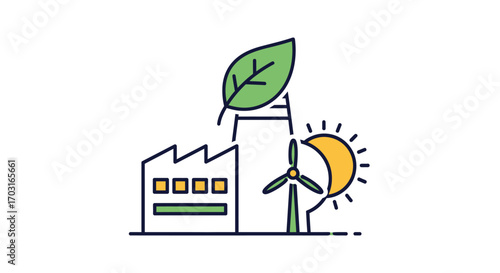 Illustration depicting a factory, wind turbine, sun, and leaf, representing renewable energy and sustainable industry.