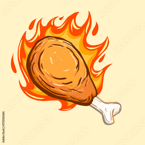 A spicy and fiery vector illustration of a fried chicken drumstick engulfed in flames. This dynamic and hot image is perfect for menus, food blogs