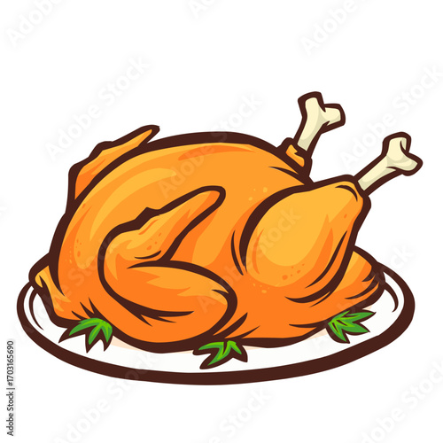 An appetizing and detailed vector illustration of a whole roasted chicken, perfectly golden brown and served on a platter. This vibrant and delicious-looking image is ideal for food-related projects, 