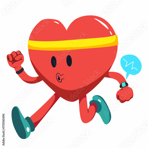A fun and dynamic vector illustration of a cartoon heart character jogging, complete with a headband and a fitness watch. This vibrant image is perfect for promoting health, fitness