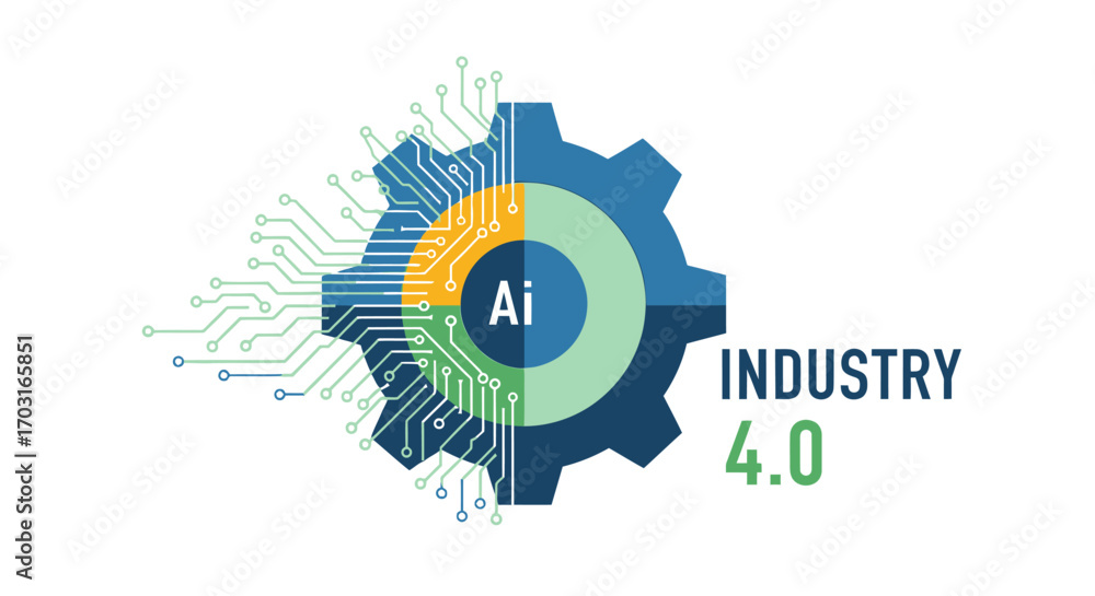 Obraz premium Conceptual graphic depicting Artificial Intelligence integration within Industry 4.0, showcasing technological advancement.