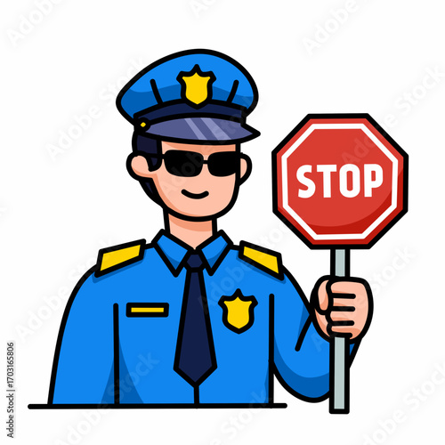 Illustration of a traffic police officer holding a stop sign. This concept is suitable for themes of safety, rules, and obedience