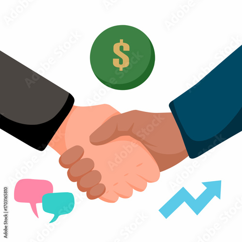 An illustration of two business people shaking hands, symbolizing a successful deal, partnership, or collaboration. It includes icons of money and a growth chart