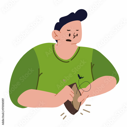 A cartoon illustration of a man with an empty wallet, looking sad and surprised. This image is perfect for themes of financial problems, poverty, debt, bankruptcy, and saving money