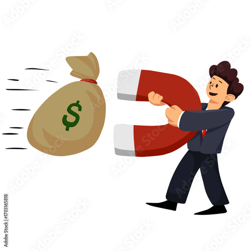 A cartoon illustration of a businessman using a magnet to attract a money bag. This image is perfect for concepts of investment, generating income, financial success, and business growth