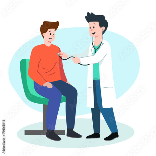A cartoon illustration of a doctor using a stethoscope to examine a patient. This image is perfect for themes of medical checkups, healthcare, patient care, and health services