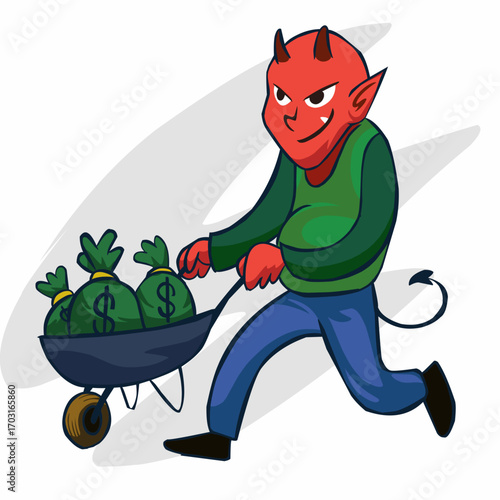 A cartoon illustration of a devil character pushing a wheelbarrow full of money bags. This image is great for concepts of greed, corruption, illicit gains, and bad financial decisions