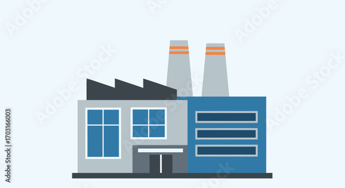 Modern industrial factory building with smokestacks, showcasing simple architectural design.