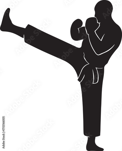 : Martial artist silhouette vector illustration, ideal for combat, training, sports, fitness, and dynamic action themes.